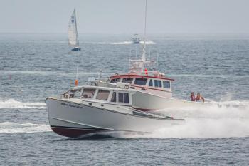 Capt. Andrew Taylor/Blue Eyed Girl in 2021 won Fastest Working Lobster Boat/Boothbay, Fastest Working Lobster Boat, and Diesel Class K – 701-900 hp, 28 feet and over. Michael Leonard photo