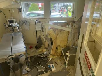 The interior of Pen Bay Veterinary Hospital after a car was unintentionally driven through its walls. (Photo courtesy Rockport Fire Dept.)