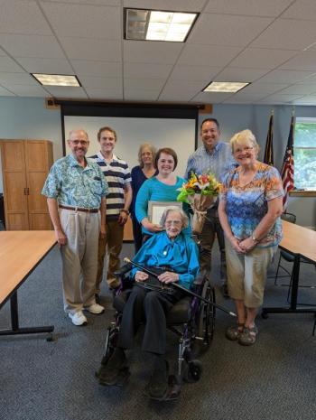 Doris C. Johnson, of Rockport, received Rockport’s Boston Post Cane July 26 at the Rockport Town Office. Surrounding her are Daughter Claire and her husband, Dean Orwig; their son Karl Orwig; and Rockport Town Clerk Linda Greenlaw, Select Board Chair Michelle Hannan and Rockport Town Manager Jon Duke. Seasons Downeast, of Rockport, donated flowers and Laugh Loud Smile Big donated cupcakes. (Photo courtesy Diane Hamilton, Rockport Executive Assistant)