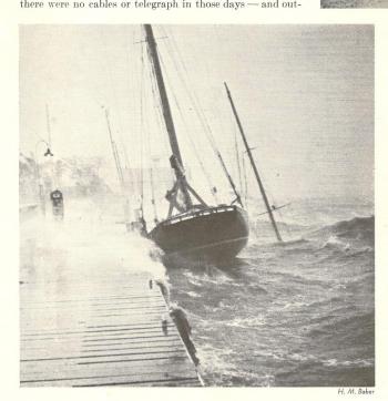 Commodore Huber Toppin's 43-foot schooner pounding against the pier of the Essex Y.C. The cutter Typhoon has sunk outside her. H.M. Baker photo, courtesy of Peter Thompson