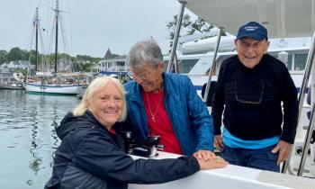 Janet Halsey, receptionist at the Camden Harbor Master’s building, with Ruth and Herb Weiss. (Photo courtesy Camden Harbor Master)