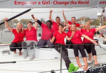 The Maiden Crew: Sarah Evans, Vermont; Henrietta Agersnap, Denmark; Lungi Mchunu, South Africa; Amy Hopkins, United Kingdom; Molly Lapointe, Maine; Heather Thomas, United Kingdom; Sharon Ferris-Choat, New Zealand; and Hadley Neale, Rhode Island. (Photo by Chris Wolf)