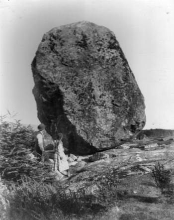 According to the story Andy Young remembers, the farmer who couldn’t pay his taxes (Nathaniel Fernald?) lived in the house at the trailhead of the Fernald Neck Preserve. Since the farmers had cut all the trees, there was a view of Balance Rock from that house.
courtesy Lincolnville Historical Society balance rock