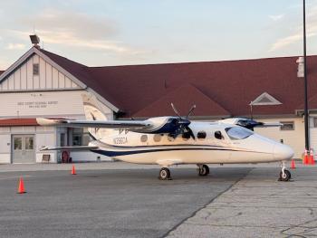 The Tecnam P2012 Traveller (Tecnam) aircraft at the Knox Airport terminal. (Photo courtesy of Knox Airport),