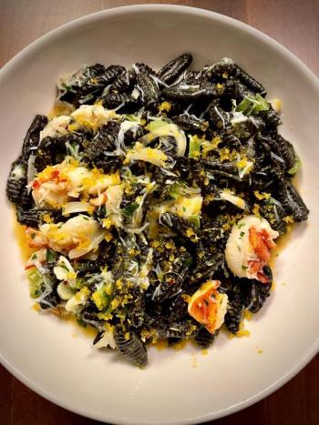 Squid Ink Cavatelli with Lobster, Crab, Calabrian Chili, and Bottarga. Photo courtesy Aster & Rose