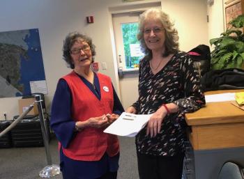Rockport Town Meeting Moderator Brenda Richardson and Rockport Town Clerk Linda Greenlaw at the June 11, 2019 polls. (Photo by Lynda Clancy)