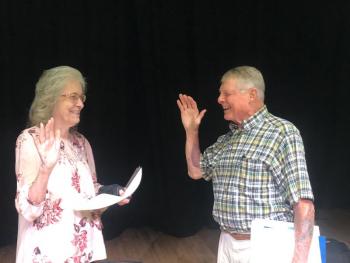 In June 2022, Town Clerk Linda Greenlaw conducts the oath of office formality when she officially welcomed newly elected Jim Annis to the Select Board. (Photo by Lynda Clancy)