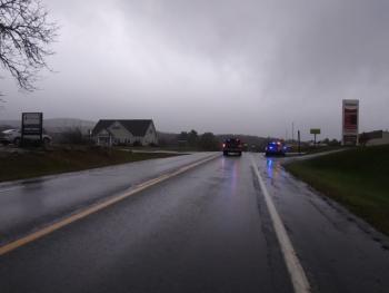 The intersection of Heald Highway (Route 17) and Sennebec Road, in Union is closed this evening for extensive rehanging of utility poles. (Photo by Sarah Thompson)