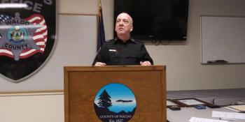 Sheriff Jason Trundy speaks to the crowd before his official swearing in. (photo by Erica Thoms)
