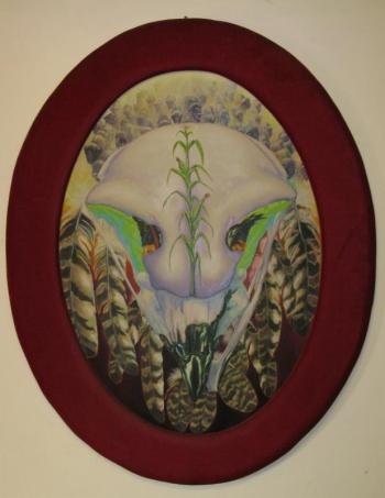 "Between the Future and the Past" is oil on canvas with a velvet frame. (Photo courtesy The Gibbs Library)
