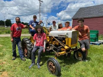 From left to right: Erickson Fields Farm & Program Manager Aaron Englander, Teen Ag Intern Aidan DeLormier, Teen Ag Leader Cole Thompson, MOFGA Apprentice Emma Gubman, Farm Hand Greta Bishop, MOFGA Apprentice Kathleen Williams, volunteer Mateu Castell. (Photo courtesy Maine Coast Heritage Trust)