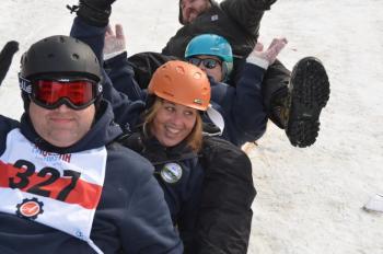 The Town of Rockport beat its sole competitor this year, the Town of Camden. The tradition of the two-town sled competition began in 2016 when two toboggans filled with four select board members from each town pitted their times against one another. That was Rockport’s 125th birthday celebration, after it had split from the Town of Camden in 1891. In 2016, Camden won the toboggan competition. This year, the Rockport toboggan was filled with Town Manager Jon Duke, Harbormaster Abbie Leonard, Finance Director Megan Brackett and Public Works crew member Kevin Grierson. They made good time down the chute, surprising everyone with the possibility of even going into the finals. (Photo by Lynda Clancy)