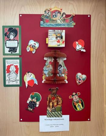 The Lincolnville Historical Society’s collection of vintage Valentines on display at the Library. (Photo by Cyrene Slegona) Valentines