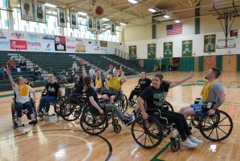 Open to the entire campus, the annual wheelchair basketball competition provides students with a greater appreciation of the challenges confronting the physically disabled as they have fun. A story about last year's wheelchair basketball competition can be found at Husson.edu/news/2022/03/wheelchair-basketball-2022 (Photo courtesy Husson University)
