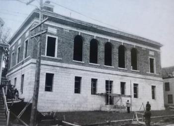 The Camden Post Office under construction in 1914. “The local Post Office on Chestnut Street is where everyone meets and greets,” wrote historian Barbara F. Dyer, who lived all of her life in Camden. “It was built there in 1914. It was the finest government building in any town, especially with a then population of 3,400 people. It cost $85,000. Camden never wanted to part with it, fighting the government and winning, when the Post Office authorities later wanted to build one located out of the business district.”