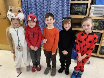 First graders London York, Dylan Latta, Charlie Adams, Ryman Ames-Allan, and Paige Feltis dress as their favorite story book characters. (Photo courtesy Thomaston Grammar School)