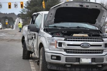 One of two vehicles involved in a motor vehicle accident in Warren came to rest in the opposite travel lane of a busy intersection. (Photo by Sarah Thompson)