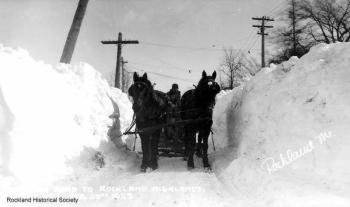 A February 20, 1923 photo of the road to the Highlands in Rockland after a snow storm. The Highlands was the area of Rockland from Old County Road towards Lake Avenue, Sherer Lane, West Meadow Road and Benner Hill.
