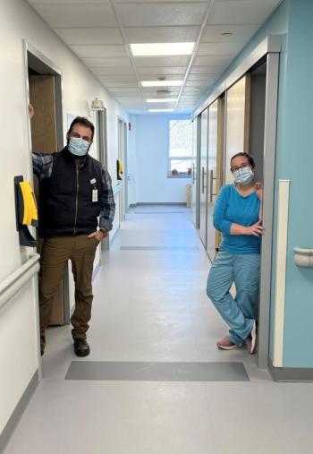 Practice Manager Matt Hill and Medical Assistant Leanne Temple stand in the hallway of newly renovated Orthopedics & Sports Medicine Practice at Waldo County General Hospital. The renovation more than doubled the size of the practice and increased the number of patient rooms from three to eight. (Photo courtesy Waldo County General Hospital)