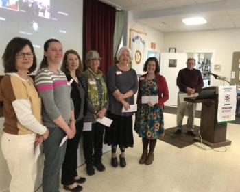 Six local nonprofit organizations received Camden Rotary Club grants on April 18. Left to right are Lana Arau, Midcoast Recreation Center; Katy Green, Marine Mammals of Maine; Whitney Files, Penobscot Bay YMCA; Lorain Francis, Knox County Gleaners; Elizabeth Schuh, MCH Meals on Wheels; and Meredith Batley, Knox Clinic. The Club’s charitable grants committee chair, Richard Householder, presented the awards. (Photo courtesy Camden Rotary Club)