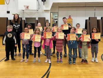 Positive Attitude Award: Front: Sam Gould, Kaiya Clements, Marley Johnson, Payton Porter, Charlotte Ahearn, Trenton Adams, Trevor Campbell, Amyiah Hantz. Back: Principal Ainslee Riley, Mio Thompson, Hazel Dare, Bryan Slape, Logan Atwood, Ayden Basinet, Carter Spicer. (Photo courtesy Thomaston Grammar School)