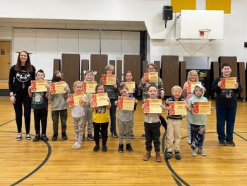 Honesty Award: Lily Hatch, Ryman Ames-Allan, Ezra Blakey, Easton Libby, Kaleb Barnard, Logan King. Back: Principal Ainslee Riley, Wyatt Early, Ryker Dare, Austin Haskell, Myles McMahon, Ivy Gamage, Evelyn Robertson, Ella Chamberlin, Finn Mullen. (Photo courtesy Thomaston Grammar School)