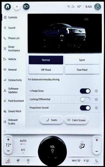 The Lightning is all about screens, information, adjustability and apps. Here, note the four drive modes and that one-pedal driving is activated, along with “Propulsion Sound”—an EV can creep through an intersection quietly enough to startle pedestrians who are staring at their phones.