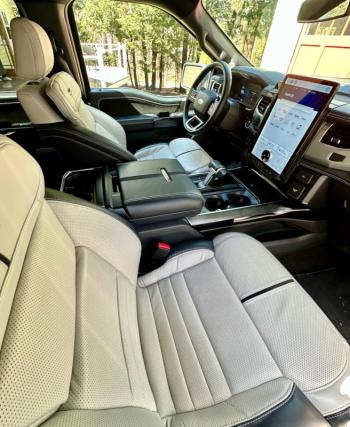 Comfortable, highly adjustable heated seats and a clear and user-friendly touchscreen are the high points of the Lightning Platinum’s cabin. The shift lever folds flat to create a “desk” for a laptop computer.