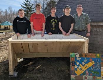 (Left to Right) Drayk Hutchinson (grade 9, Belfast Area High School), Chris Taylor (grade 9, Belfast Area High School), Ace Santiago (grade 9, Mount View High School), Chance Robinson (grade 9, Searsport District High School), Chris Kein, Explore CTE Instructor. (Photo courtesy Waldo County Technical Center)