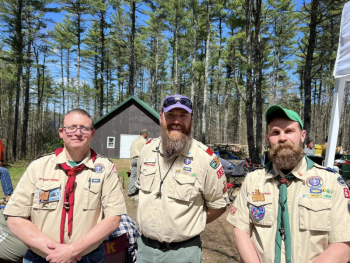 Walter Fails of Farmington, Chris Fox of Mechanic Falls, and Scott St. Amand of Gardiner were three of the trainers at Camp Bomazeen on May 5-7 for 20 Scout leaders who were training in the outdoor programs. Fails is the Trainer for Scout Troop leaders in Kennebec Valley. Fox is the Training Chairman in Abnaki District and St. Amand is the Kennebec Valley District Cub Leader Trainer.