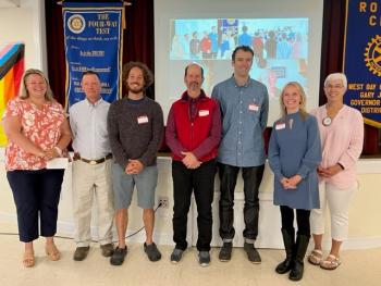 Recipients of the 2023 West Bay Rotary grants include (l-r): Katie Tarbox, Program Coordinator for Meals on Wheels; John Fromer, Program Director for Merryspring Nature Center; Josh Lipkowitz, Co-owner of MountainSea Expeditions; Mark Burrows, Co-Founder of the Camden Festival of Poetry; Evans Waters, Board Member at Children’s House Montessori School; and Deborah Benner, First Grade teacher at Hope Elementary School. Club President Lisa Dresser (far right) presented this year’s grants at the weekly club meeting. (Photo courtesy West Bay Rotary)