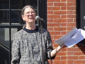 Megan Pinette, president of the Belfast Historical Society & Museum speaks to the crowd about the history of the City. (photo by Erica Thoms)
