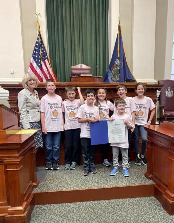 Rep. Vicki Doudera, D-Camden, welcomed the fifth-grade Destination Imagination Team from Camden-Rockport Middle School to the State House Wednesday. The students were recognized by the Legislature for winning the State Championship and advancing to the Global Destination Imagination championships in Kansas City, Missouri, last month. (Photo courtesy Maine Legislature Democratic Office)
