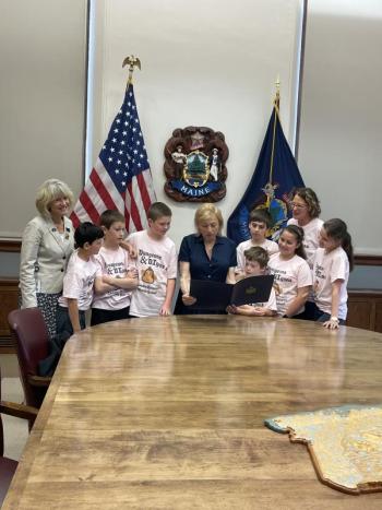 Rep. Vicki Doudera, D-Camden, and Gov. Janet Mills welcomed the fifth-grade Destination Imagination Team from Camden-Rockport Middle School to the Governor’s Cabinet Room Wednesday. (Photo courtesy Maine Legislature Democratic Office)