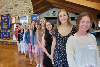 Pictured front to back are Martina Straka, Cassidy Novicka, Ruth Bois, Quinn Overlock, Olivia Pelky, Winter Adams (back), Kylea Stone, Adeliade Hendricks, Scholarship Co-chairperson, Kathy Barker and Scholarship Co-chairperson, President Tena Wallace. Not pictured, but receiving scholarships are Olivia VanBuskirk, Grace VanBuskirk, and Emily Sykes. (Photo courtesy Rockland Rotary)