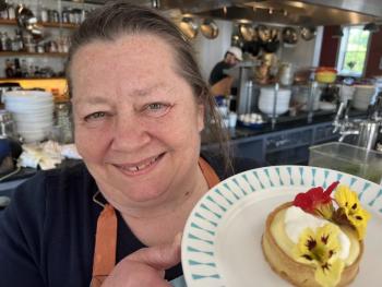 Sara Jenkins with Nina June's famous Lemon Curd Tartlet that is their "Into the Light!” offering; July proceeds from this dessert benefit Maine’s domestic abuse survivors.(Photo by Patrisha McLean)