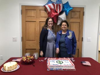 State Regent Beth Calhoun and Chapter Regent Joanne RIchards cut the cake. (Photo courtesy Lady Knox Chapter, Daughters of the American Revolution)