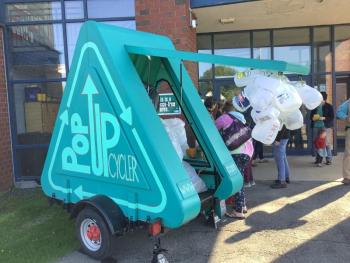 Rockland artist Kim Bernard brought her Pop UpCylcer and showed students how to turn #2 plastics into art. (Photo courtesy Brenda Thomas)