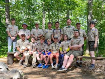Troop 200 scouts and leaders: seated from left to right, Ed Hurlburt, Assistant Scoutmaster); Zach Mason, Gavin Moore, Zavier Mason, Declan Grant, Jack O'Brien, Cason Lyons. Standing left to right: Dominic Todd, Ed Weber, Scoutmaster; Levi Mason, Phinn Oliver, Harrison Garcia, Jared Todd, Doug Grant, Assistant Scoutmaster, and Heidi O’Donnell, committee chair.