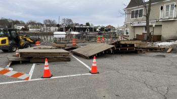 The planks of the demolished boardwalk at Camden Harbor last spring. (Photo courtesy the Hatchery)