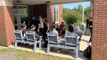Other seats and tables made by the students now sit outside the front door of Camden Hills Regional High School. (Photo courtesy the Hatchery)