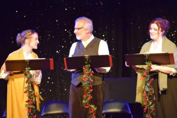 Rehearsal photo from Snowlion Repertory Company’s Facebook page, features, from left, Emily Bartley as Marion Jeddler, Alan McLucas as Dr. (and dad) Jeddller, and Mary Johnston Latellier as Grace Jeddler.