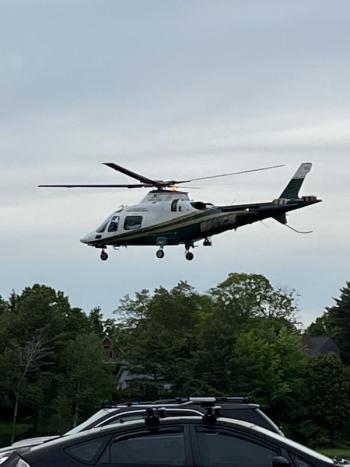 The LifeFlight helicopter enroute June 7, 2022, with Paige Smith aboard to Maine Medical Center, in Portland. (Photo courtesy Paige Smith)