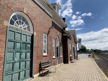 The welcome center where the Coastliner, (distant background on right), stopped in Bath is an old train station. SUSAN JOHNS/Wiscasset Newspaper