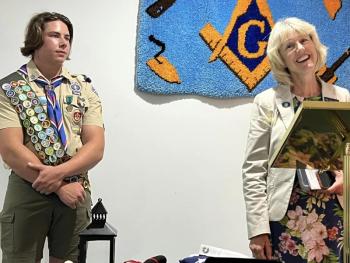 State Rep. Vicki Doudera (D-Camden) whose son is an Eagle and she married an Eagle and previously served as Den Leader at Pack 200, was one of several dignitaries to honor Matthew during his ceremony. (Photo courtesy Chuck Mahaleris)
