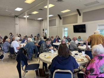 A crowd filled the Belfast Boat House for the Belfast Senior College Annual Meeting on Saturday, Sept. 14, 2023. (Photo courtesy Belfast Senior College)
