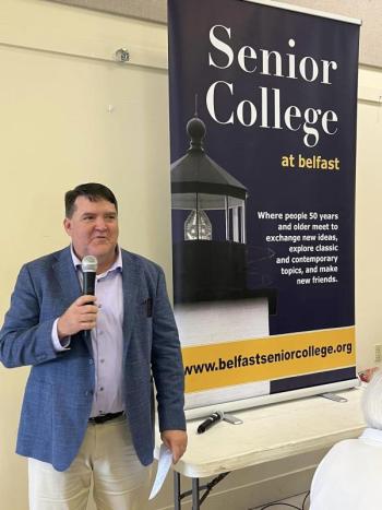 Waldo County Senator Chip Curry speaks to the importance of education for all ages and all community members. (Photo courtesy Belfast Senior College)