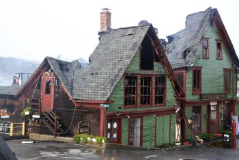 The Port Clyde General Store, Sept. 28, following the devastating fire that destroyed it, the Boat Line terminal, Dip Net, and the Wyeth art gallery. (Photo courtesy Steve Cartwright)