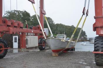 The workboat, last in, first out, at Rockport Marine. (Photo by Lynda Clancy)