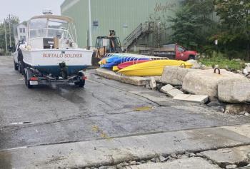To be on the safe side, John Hanson, of Camden, hauled Buffalo Soldier Sept. 12 at Steamboat Landing, in Camden, in advance of Hurricane Lee. (Photo courtesy Camden Harbor Master)